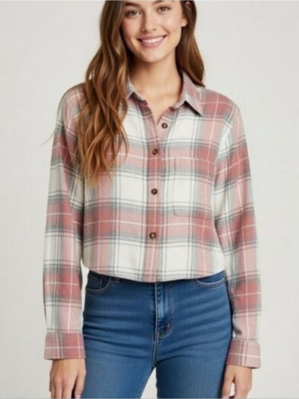 American Eagle Plaid Cropped Button Up Shirt Muted Red Gray Size Medium